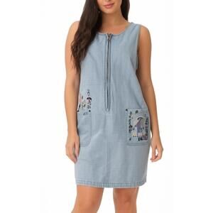 Christopher‎ & Banks Light Blue Embroidered Front Zip Sleeveless Jumper Dress LG
